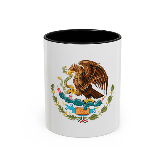 Colourful national emblem of an eagle on a cactus gripping a snake, framed by olive branches and a tricolour ribbon.