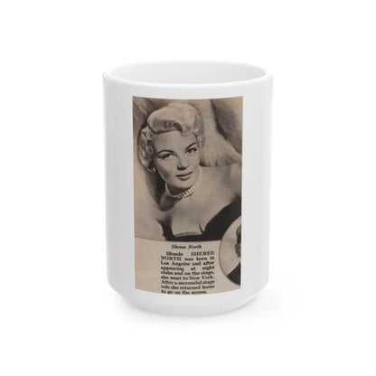 Sheree North #342 - 2.5x4.25 Small B&W Glamour Portriat Clipping with, Caption from 1950's Movie Star Magazine (Vintage Female Icon) White Coffee Mug-15oz-Go Mug Yourself