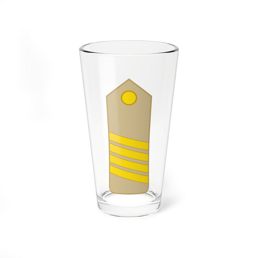 Tan military shoulder board on white with a gold button at the top and four diagonal gold rank stripes.