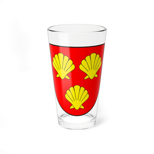 Three yellow scallop shells, two above and one below, arranged on a red heraldic shield in flat vector style.