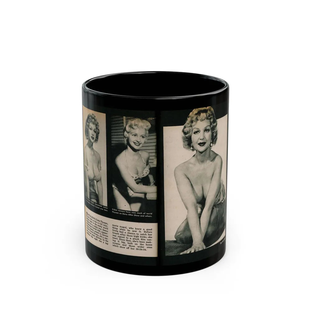 Greta Thyssen #138 - 2 Pages, 3 B&W Photos & Captions from VUE Digest Mag. Nov. '59 (Vintage Female Icon) Black Coffee Mug-11oz-Go Mug Yourself