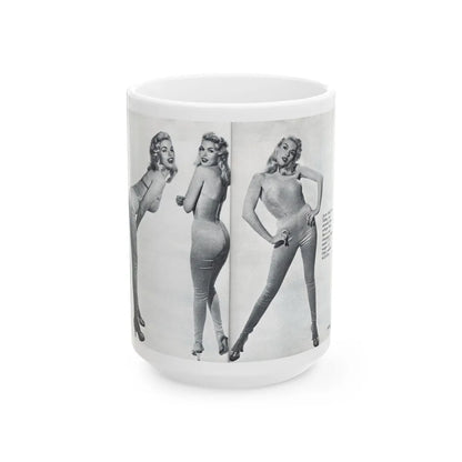 Jayne Mansfield #317 - Pages 42 & 43 Pages 3 & 4 of 6 featuring, Jayne+3 B&W Photos & Caption from Pageant Digest Mag. June '55 (Vintage Female Icon) White Coffee Mug-15oz-Go Mug Yourself