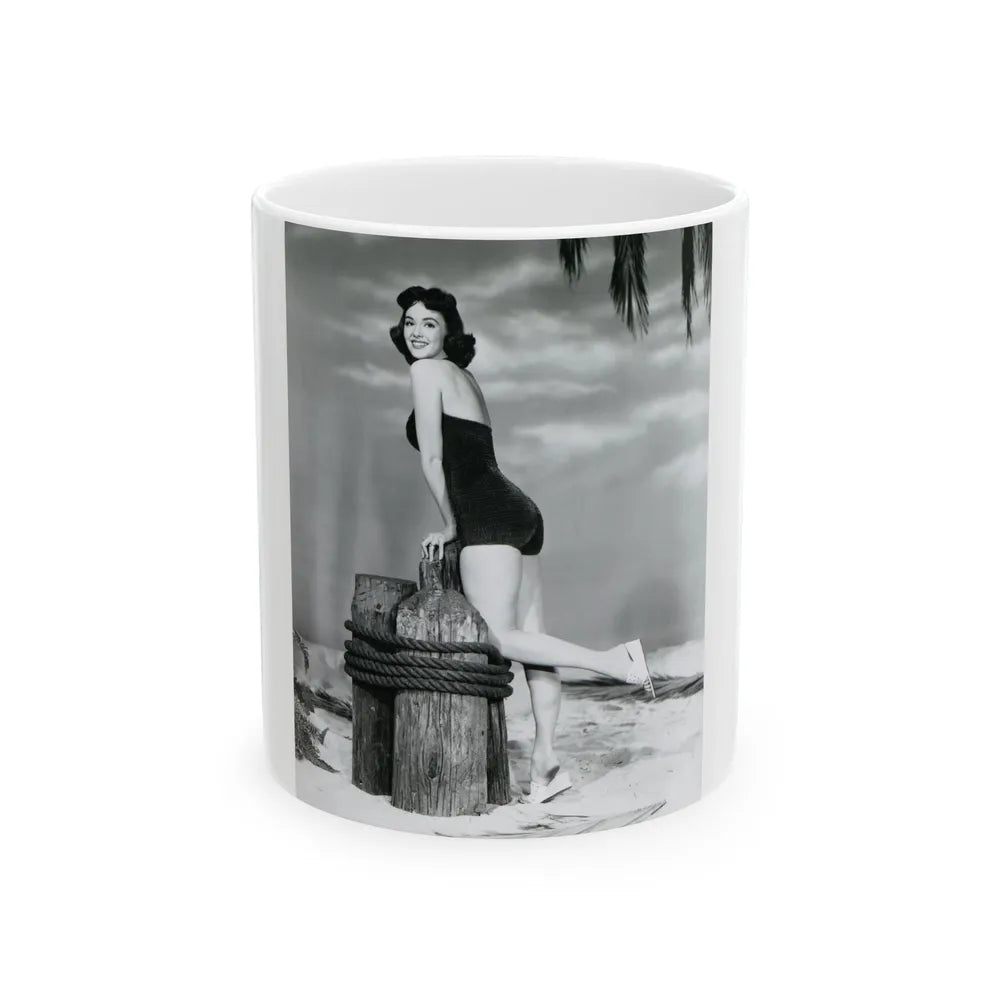 Barbara Rush #38 - 8x10 B&W Full Body 1-Piece Swimsuit Cheesecake Photo (Vintage Female Icon) White Coffee Mug-11oz-Go Mug Yourself