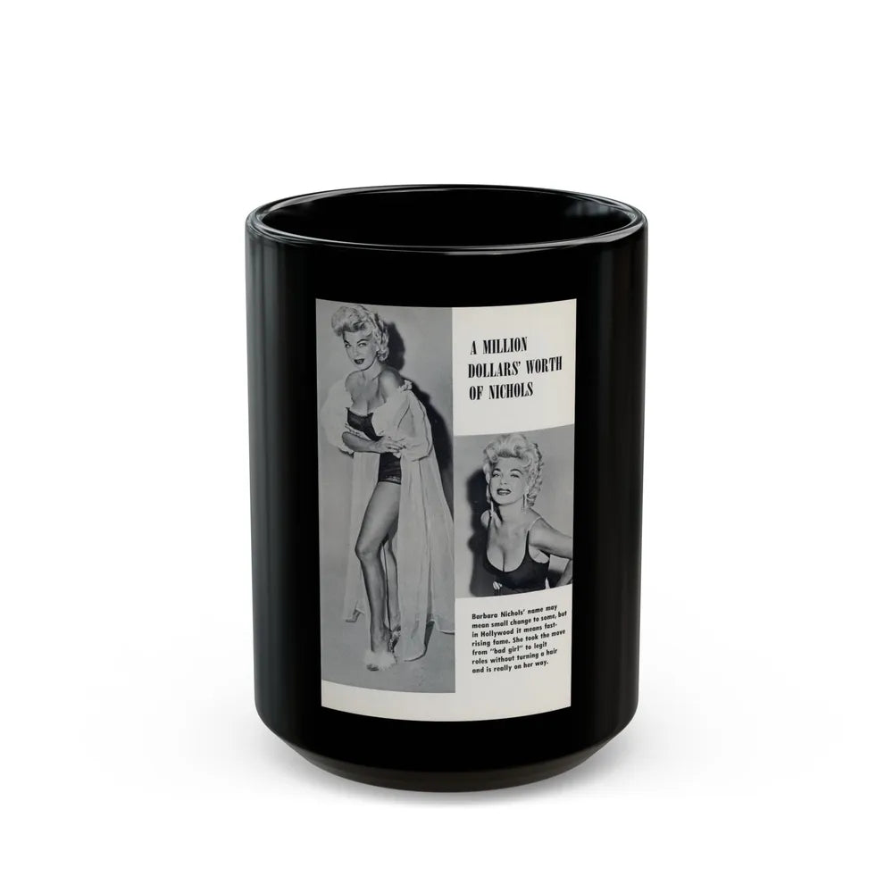 Barbara Nichols #489 - Page 1 of 2 with, 2 B&W Photos & Caption from picture DIGEST Mag. April '57 (Vintage Female Icon) Black Coffee Mug-15oz-Go Mug Yourself