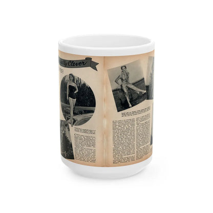 Virginia Mayo #289 - 2 Pages of Virginia+1 B&W Pin-Up Pic+4 B&W Fashion Pics circa late 40's from a Movie Star Magazine (Vintage Female Icon) White Coffee Mug-15oz-Go Mug Yourself