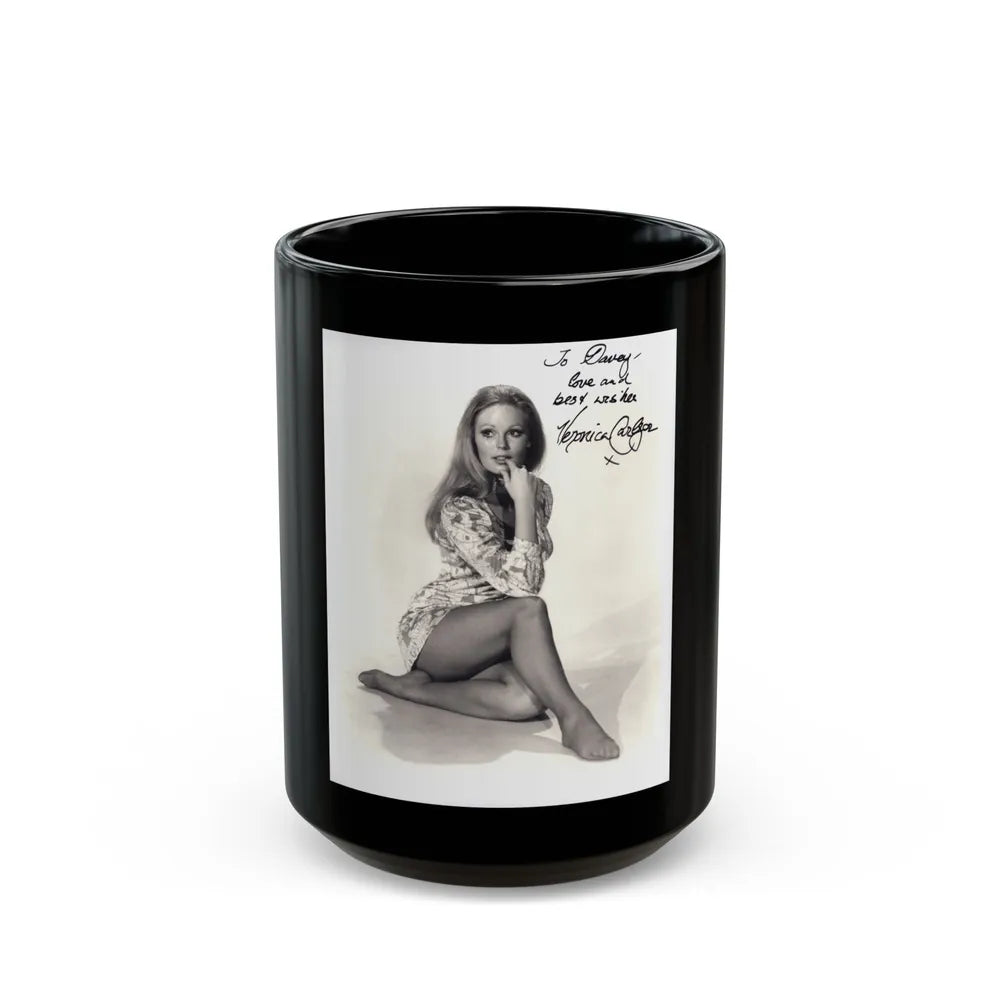 Veronica Carlson #10 - 8x10 B&W Glamour Full Body Dress & Stockings Shot #023 (Vintage Female Icon) Black Coffee Mug-15oz-Go Mug Yourself