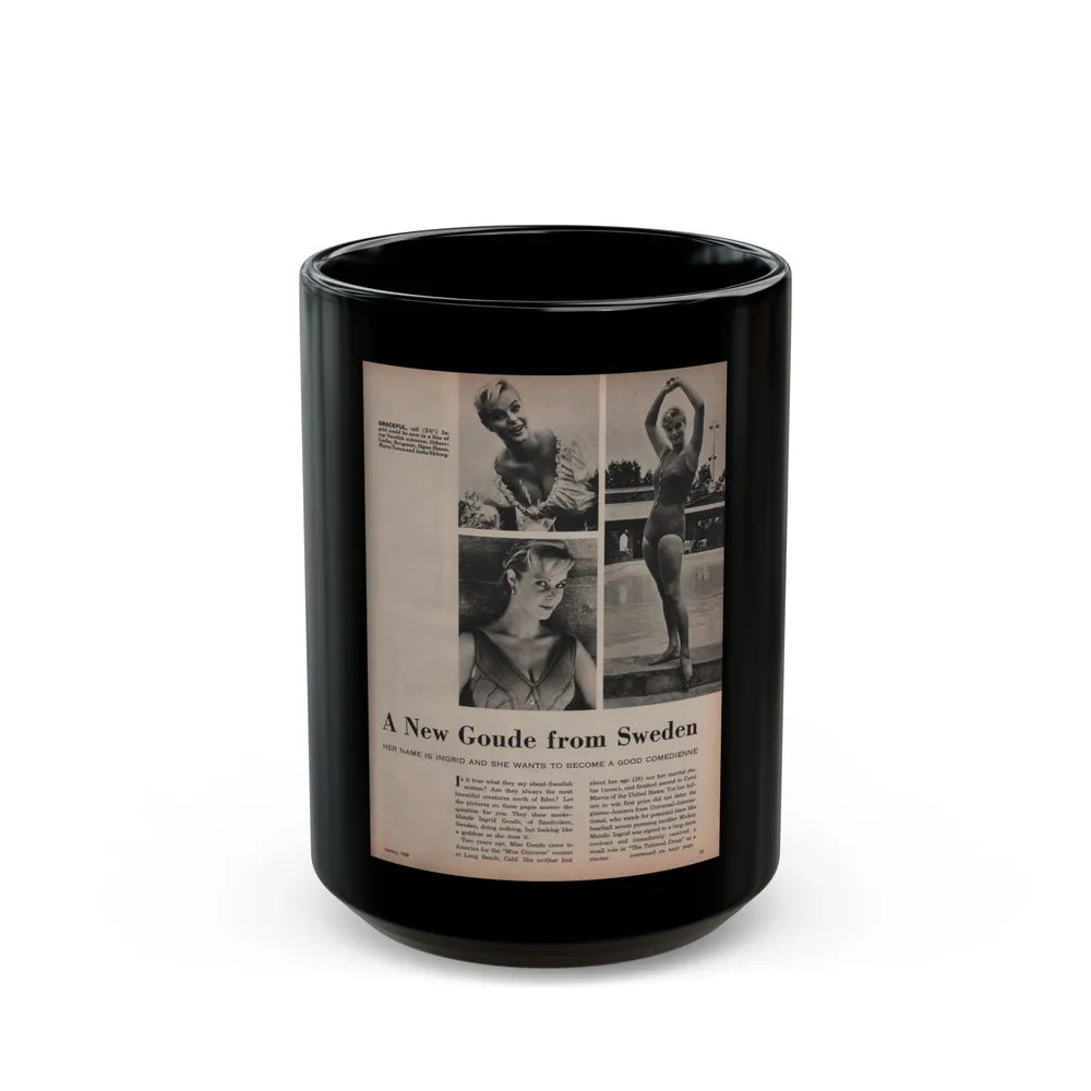 Ingrid Goude #30 - SEE Mag. Jan. '58 - 1 Page, 4 B&W Pics, Caption & Article (Vintage Female Icon) Black Coffee Mug-15oz-Go Mug Yourself