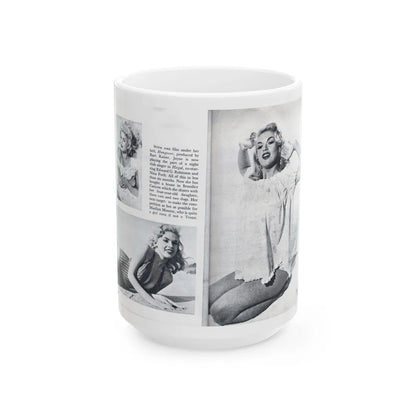 Jayne Mansfield #318 - Pages 43 & 44 Pages 5 & 6 of 6 featuring, Jayne+3 B&W Photos & Caption from Pageant Digest Mag. June '55 (Vintage Female Icon) White Coffee Mug-15oz-Go Mug Yourself