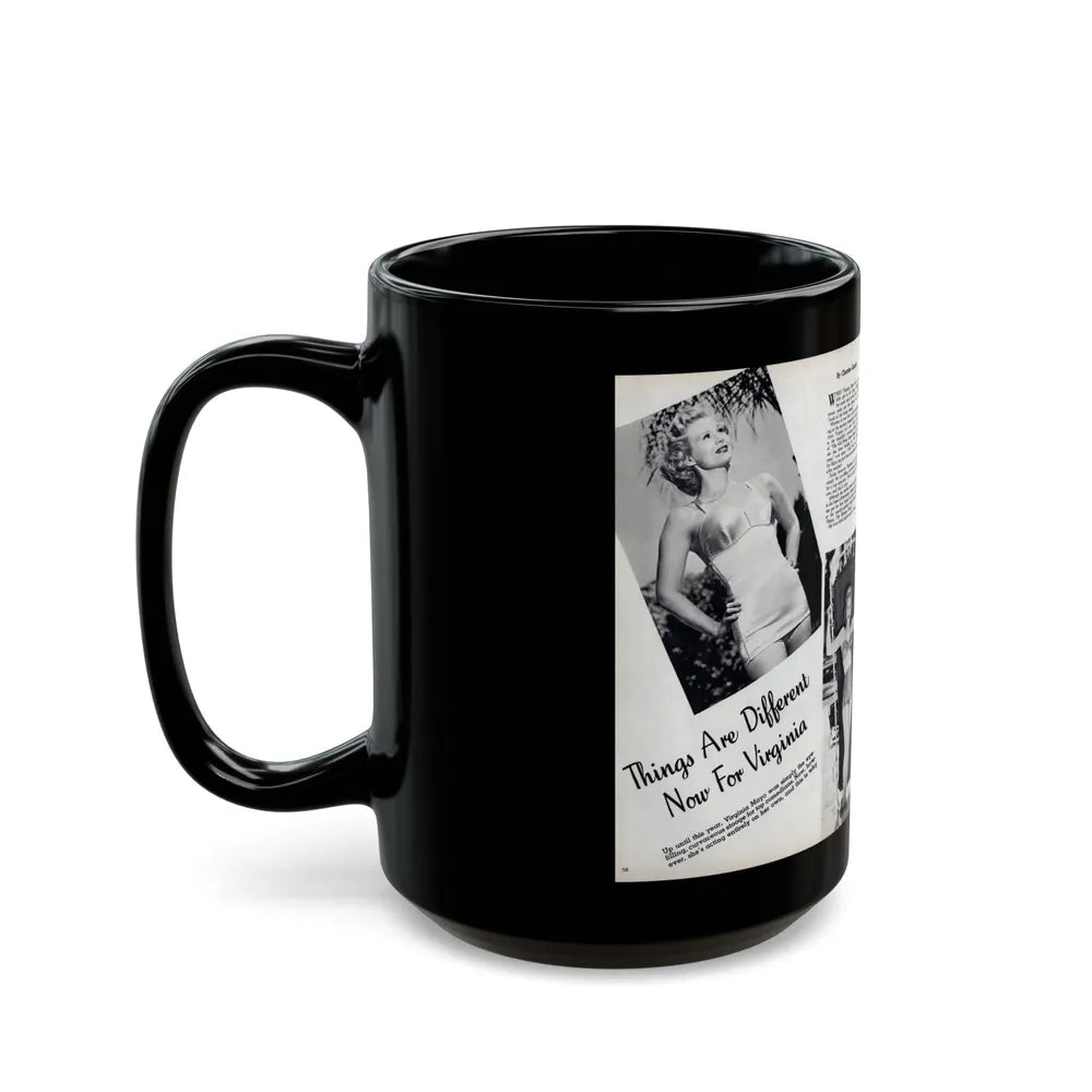 Virginia Mayo #290 - 2 Pages of Virginia+3 B&W Pin-Up Pics & 2 Candid Shots circa late 40's from a Movie Star Magazine (Vintage Female Icon) Black Coffee Mug-Go Mug Yourself