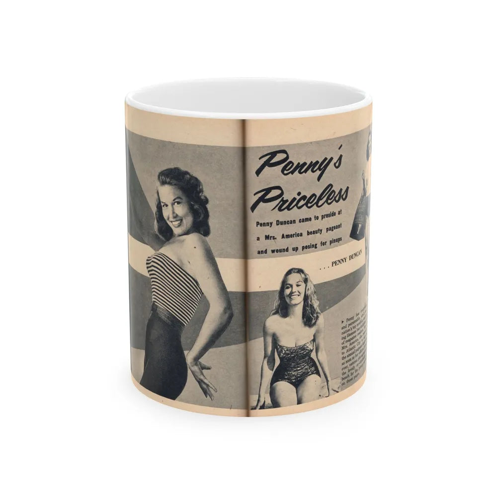 Penny Duncan #64 - [Pages 74 & 75] Pages 1 & 2 of 7 Featuring, Penny+3 B&W Photos, Headline & Caption on from BRIEF Digest Mag. Jan. '55 (Vintage Female Icon) White Coffee Mug-11oz-Go Mug Yourself