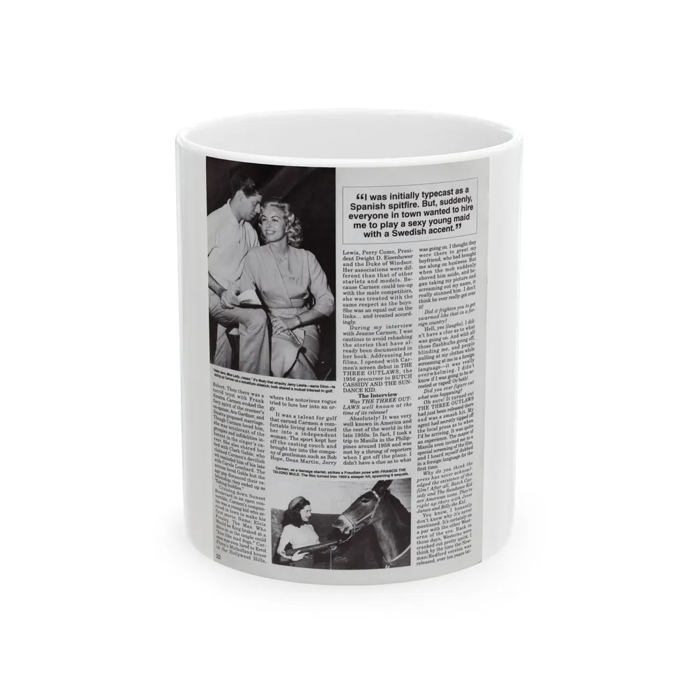 Jeanne Carmen #119 - Pages 5 of 14 with, 2 B&W Movie Off-Camerea Stills Photos, Captions & Article from Femme Fatales Mag. Oct. '95 (Vintage Female Icon) White Coffee Mug-11oz-Go Mug Yourself