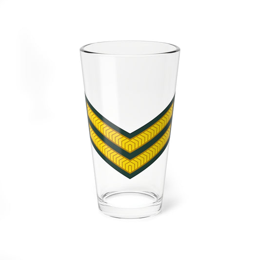 Two gold chevron stripes with fine hatching on a dark green inverted-V rank badge against white.