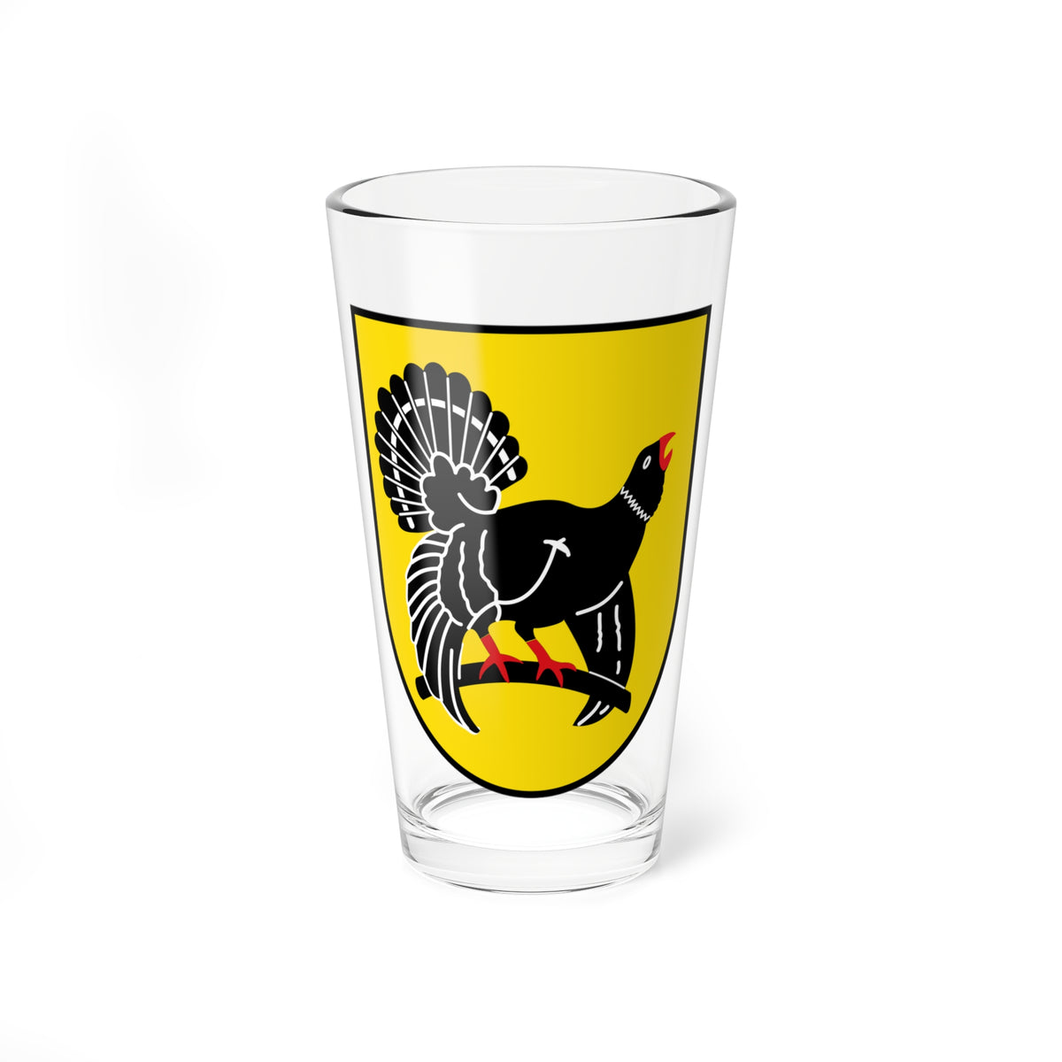 Heraldic shield with a black rooster, fanned tail and red talons, standing on a perch against a yellow field.