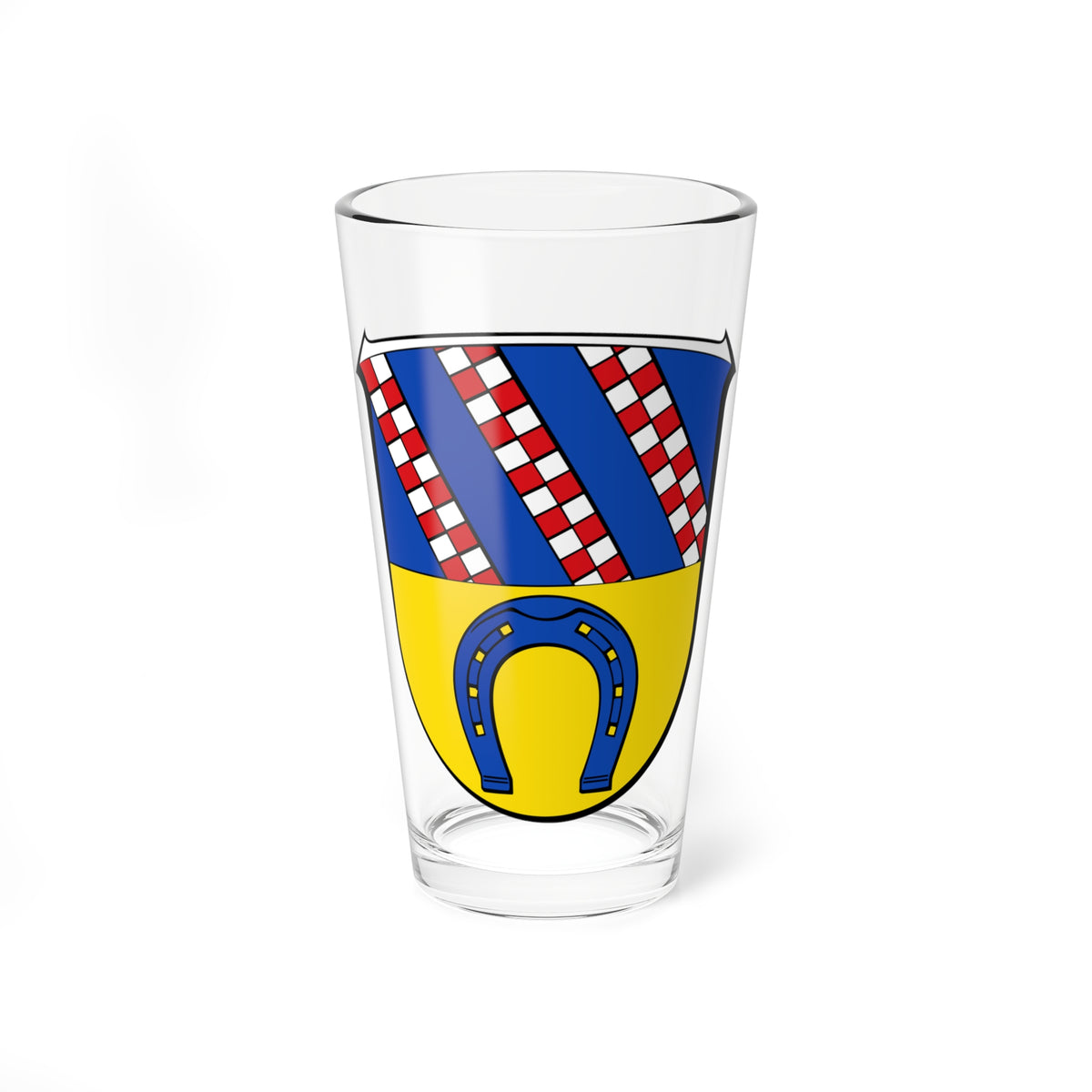 Heraldic shield split blue over yellow, with three diagonal red and white checked bands and a blue horseshoe.