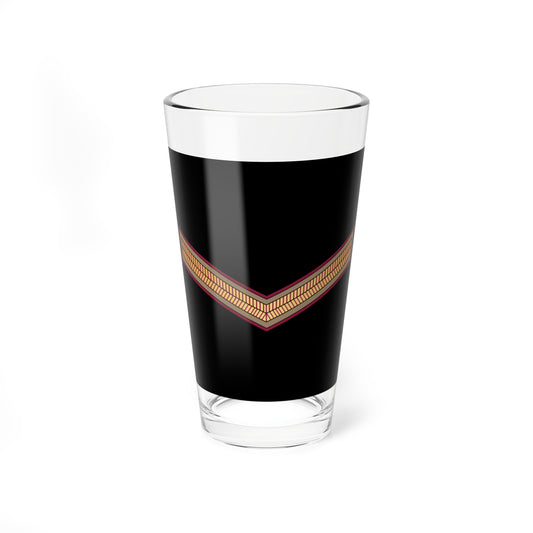 Single chevron insignia with a tan border and red and gold diagonal stripes on a black background.