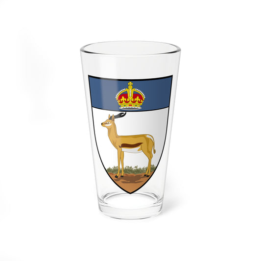 Heraldic shield with a springbok antelope on a white field beneath a golden crown on a blue band.