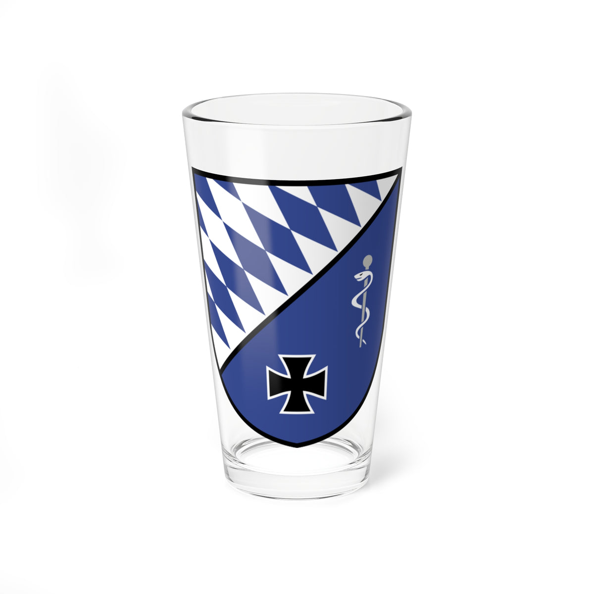 Blue and white diamond-patterned shield with a black Iron Cross and a grey serpent-entwined staff.