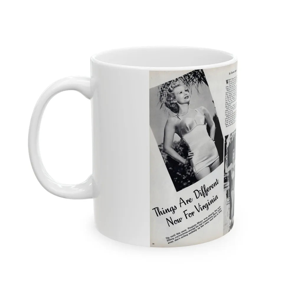 Virginia Mayo #290 - 2 Pages of Virginia+3 B&W Pin-Up Pics & 2 Candid Shots circa late 40's from a Movie Star Magazine (Vintage Female Icon) White Coffee Mug-Go Mug Yourself