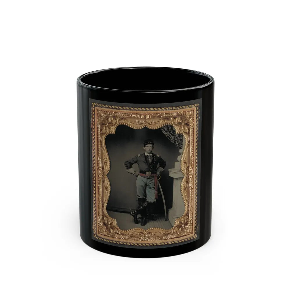 Unidentified Soldier In First Lieutenant's Uniform, Red Sash, Leather Gauntlets, And Spurs With Cavalry Sword (U.S. Civil War) Black Coffee Mug-11oz-Go Mug Yourself