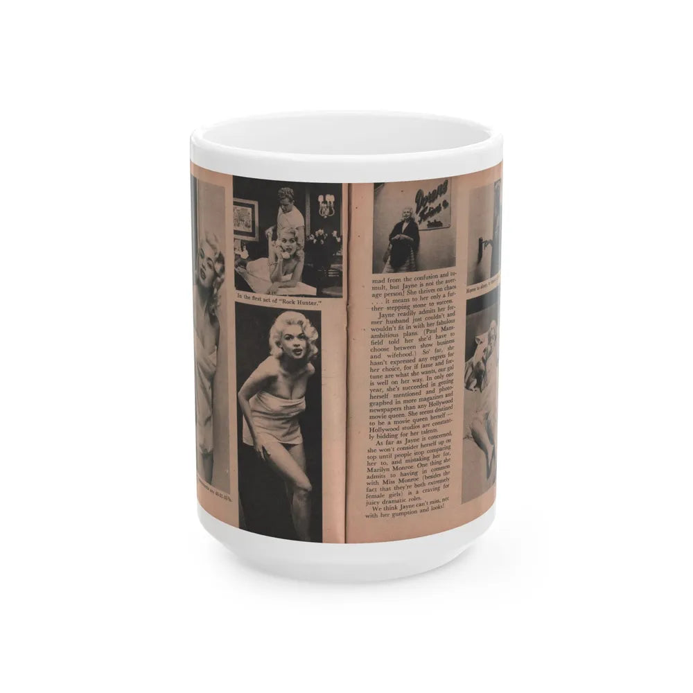 Jayne Mansfield #188 - 2 Pages, 6 B&W Photos, Captions & Article ending from Foto-rama Digest Mag. Dec. '56 (Vintage Female Icon) White Coffee Mug-15oz-Go Mug Yourself