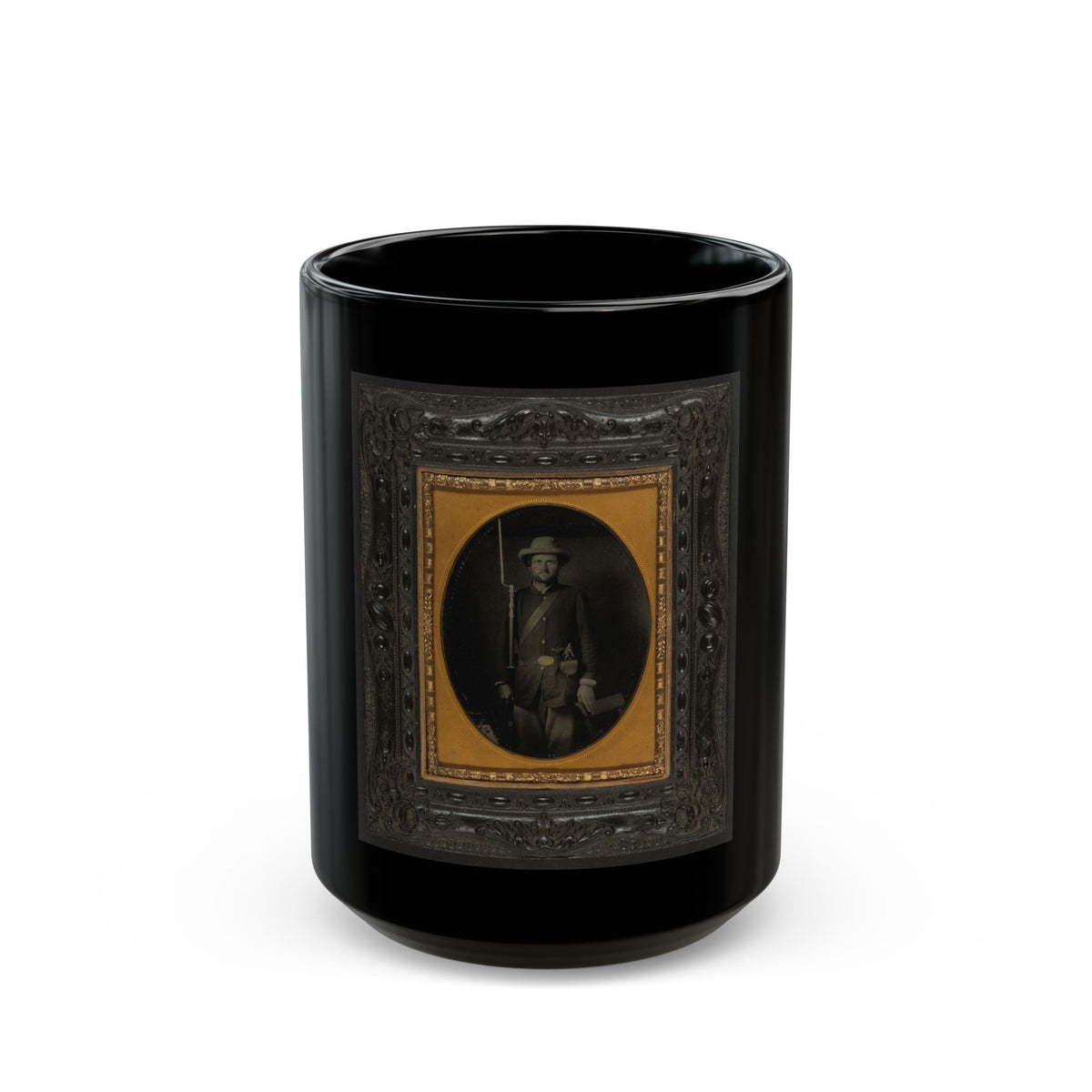 Unidentified Soldier In Union Sack Coat With Holstered Revolver And Bayoneted Musket (U.S. Civil War) Black Coffee Mug