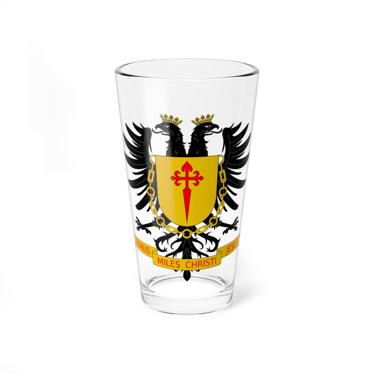 Black double-headed eagle with gold crowns above a gold shield bearing a red sword-shaped cross and a Latin banner.
