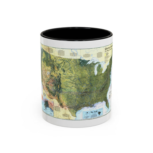 Shaded relief physical map of the United States in greens and tans, showing mountain ranges, plains and the Great Lakes.