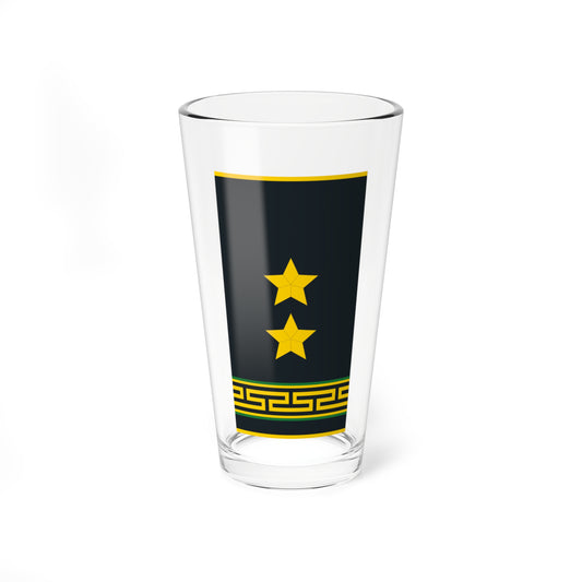 Two golden five-pointed stars on a dark slate field above a Greek key band with thin green and yellow stripes.