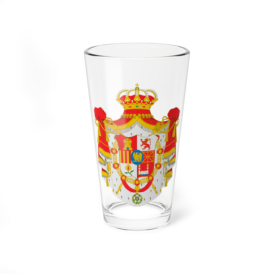 Ornate royal coat of arms with a jewelled crown, red mantling, castles, lions and an eagle, and a hanging order medal.