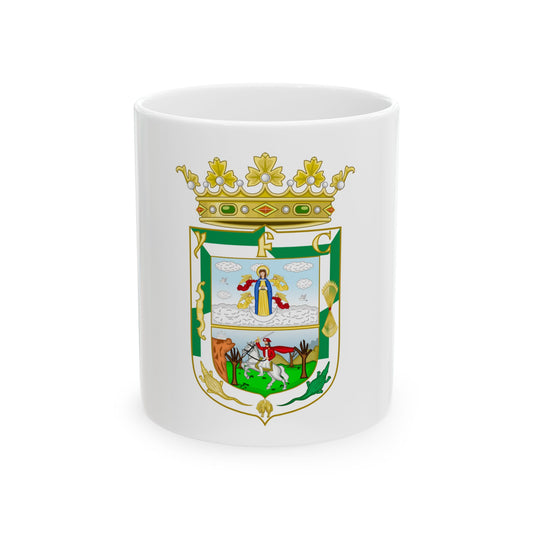 Heraldic civic crest with a crowned shield showing the Virgin Mary with angels, a mounted knight, crocodiles and a lamb.