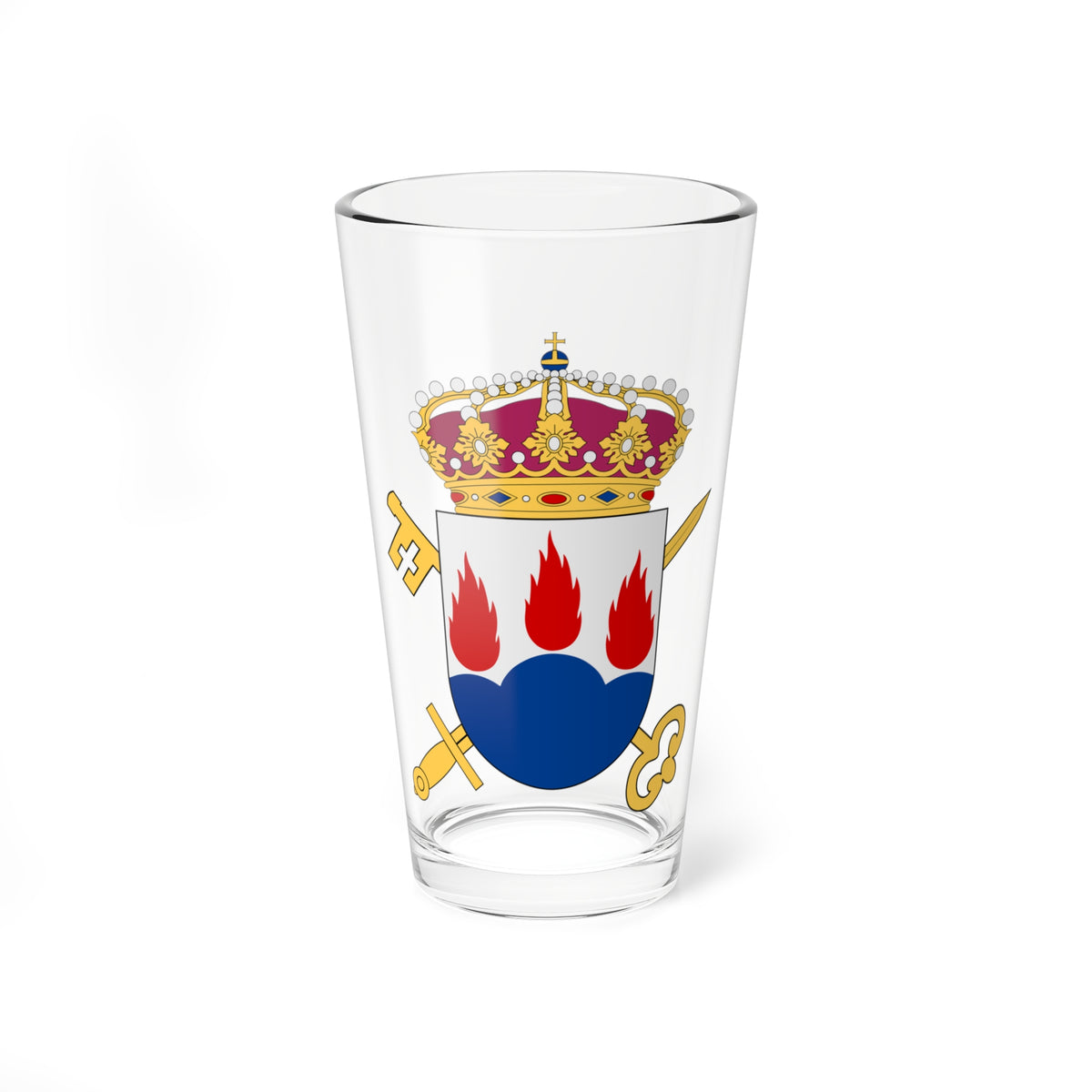 Flat vector heraldic silver shield with three red flames over a dark blue wave, under a gold crown.