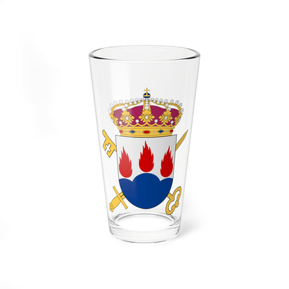 Flat vector heraldic silver shield with three red flames over a dark blue wave, under a gold crown.