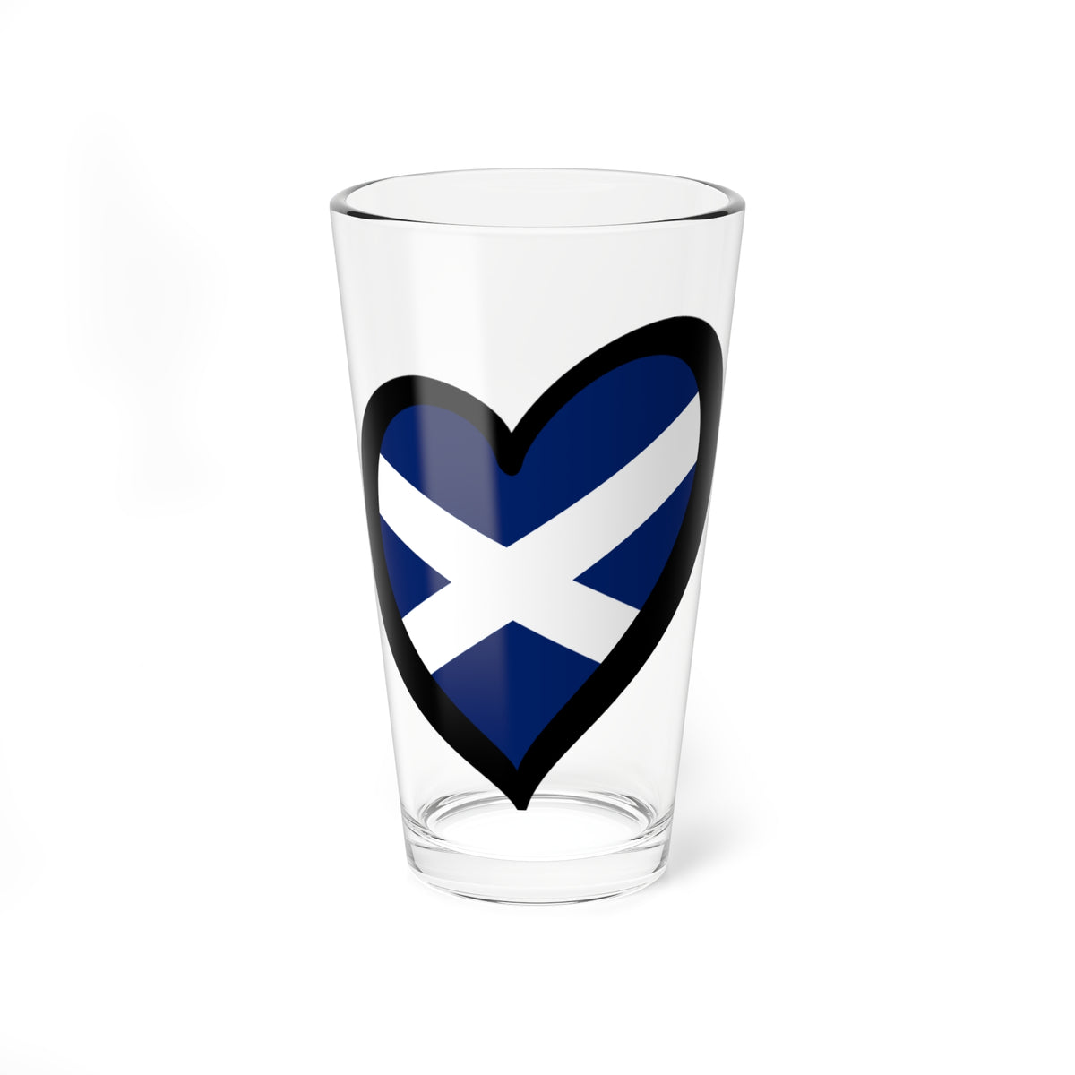 Black-outlined heart filled with a navy field and white Saltire, a simple flat vector Scottish flag motif.