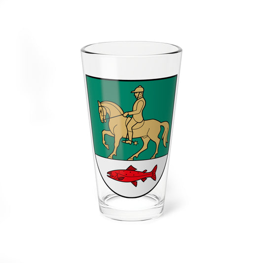 Tan horse carrying a rider in a cap across a green field, above a red salmon on a silver base.