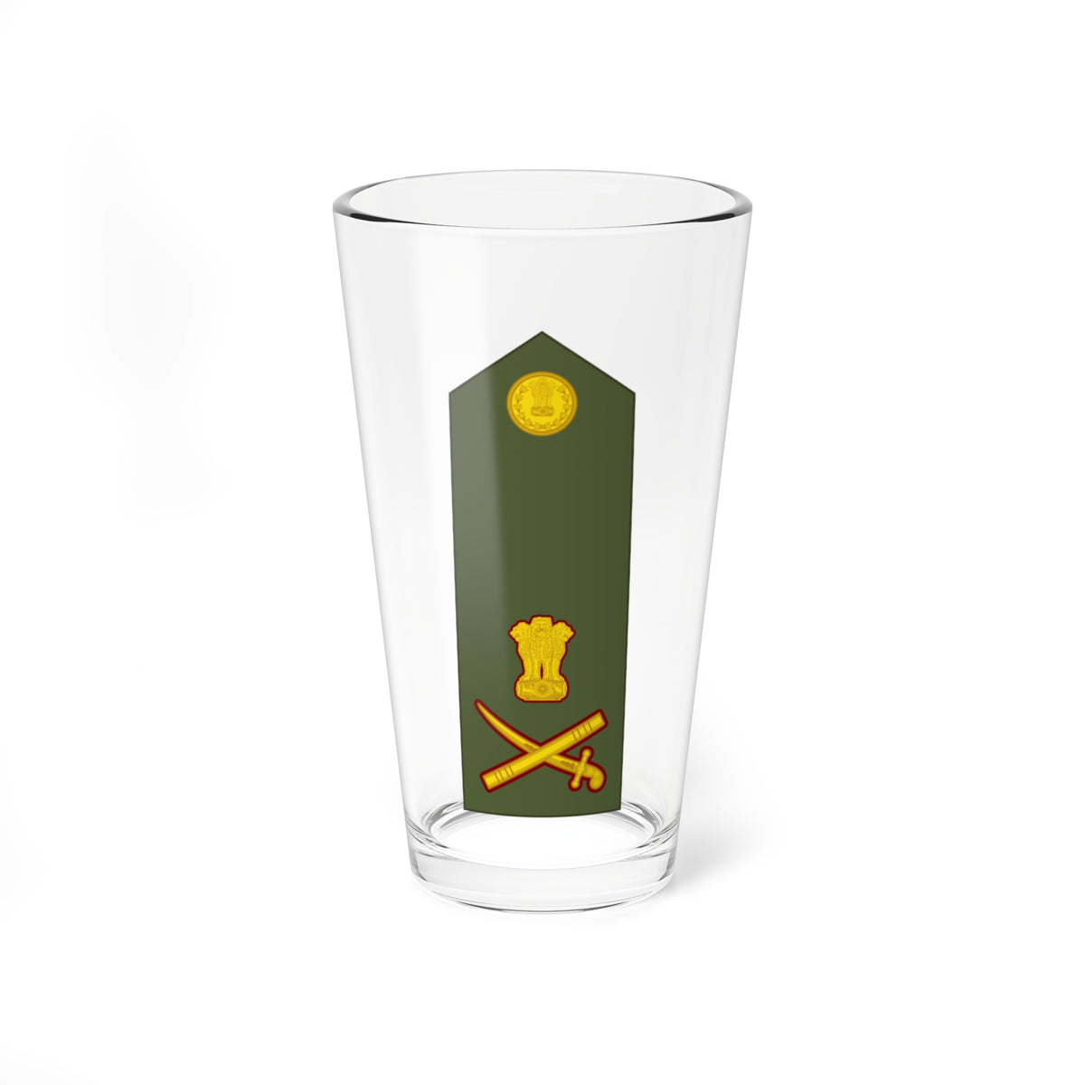 Tall olive green military shoulder board with a gold lion emblem in a laurel roundel and gold crossed swords below.