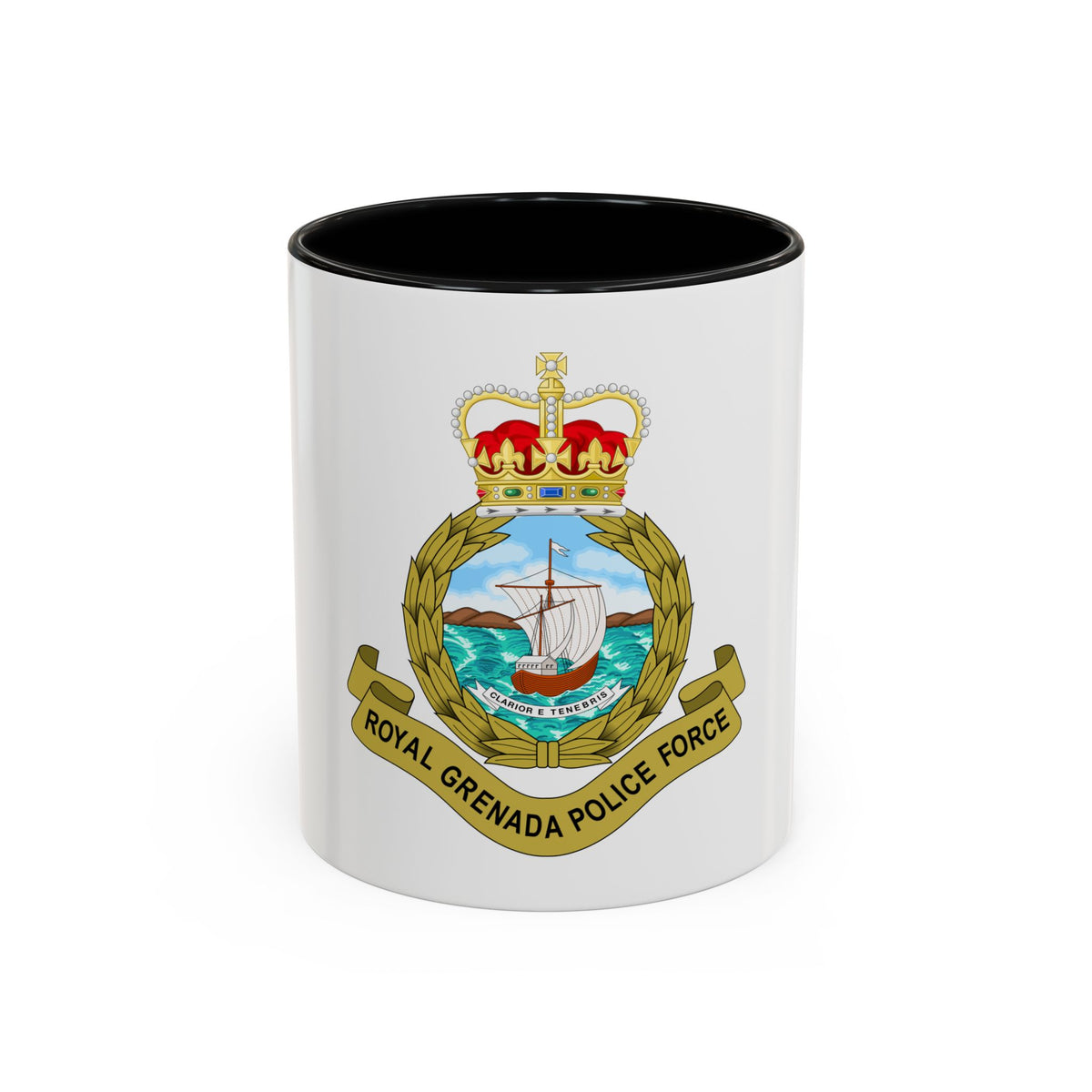 Police badge with a sailing ship on the sea inside a laurel wreath, topped by a crown.