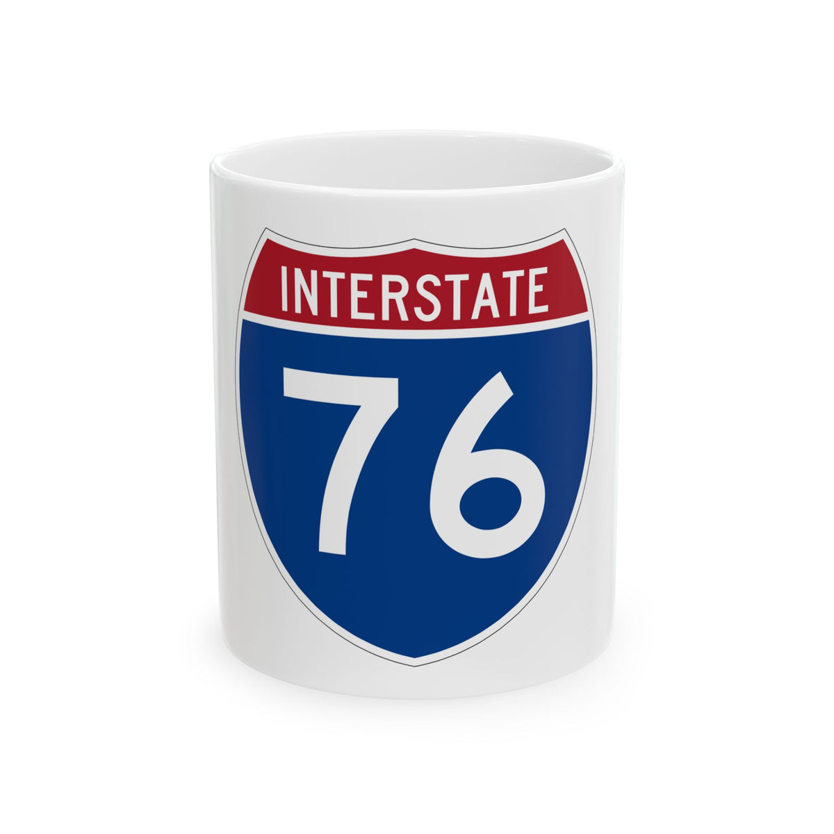 Flat vector US Interstate 76 highway shield with white INTERSTATE lettering above the number 76 on a navy blue field.