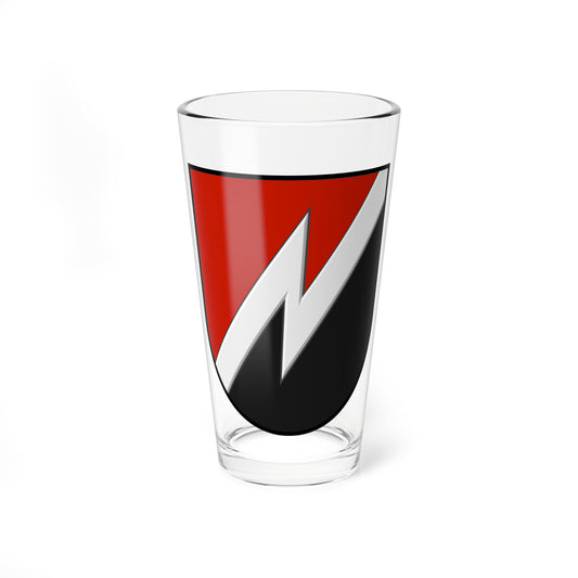 Shield divided diagonally red and black, with a white band carrying a zigzag lightning bolt.