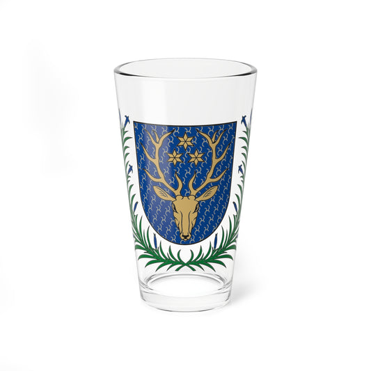 Blue shield with a gold stag head and three gold stars, framed by green fronds and blue buds.
