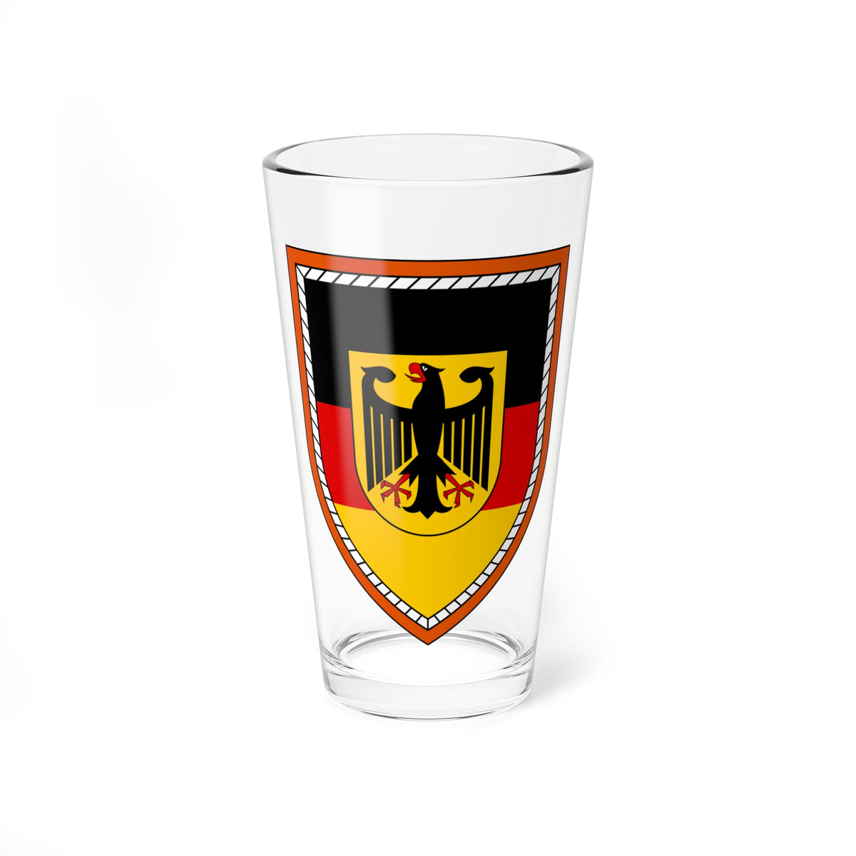 Black eagle with red beak on a gold inset over black, red and gold bands inside an orange hatched border.