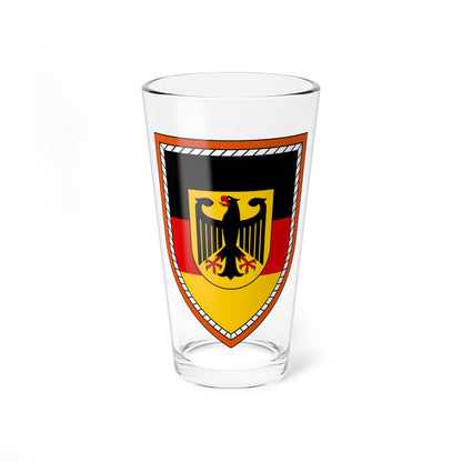 Black eagle with red beak on a gold inset over black, red and gold bands inside an orange hatched border.