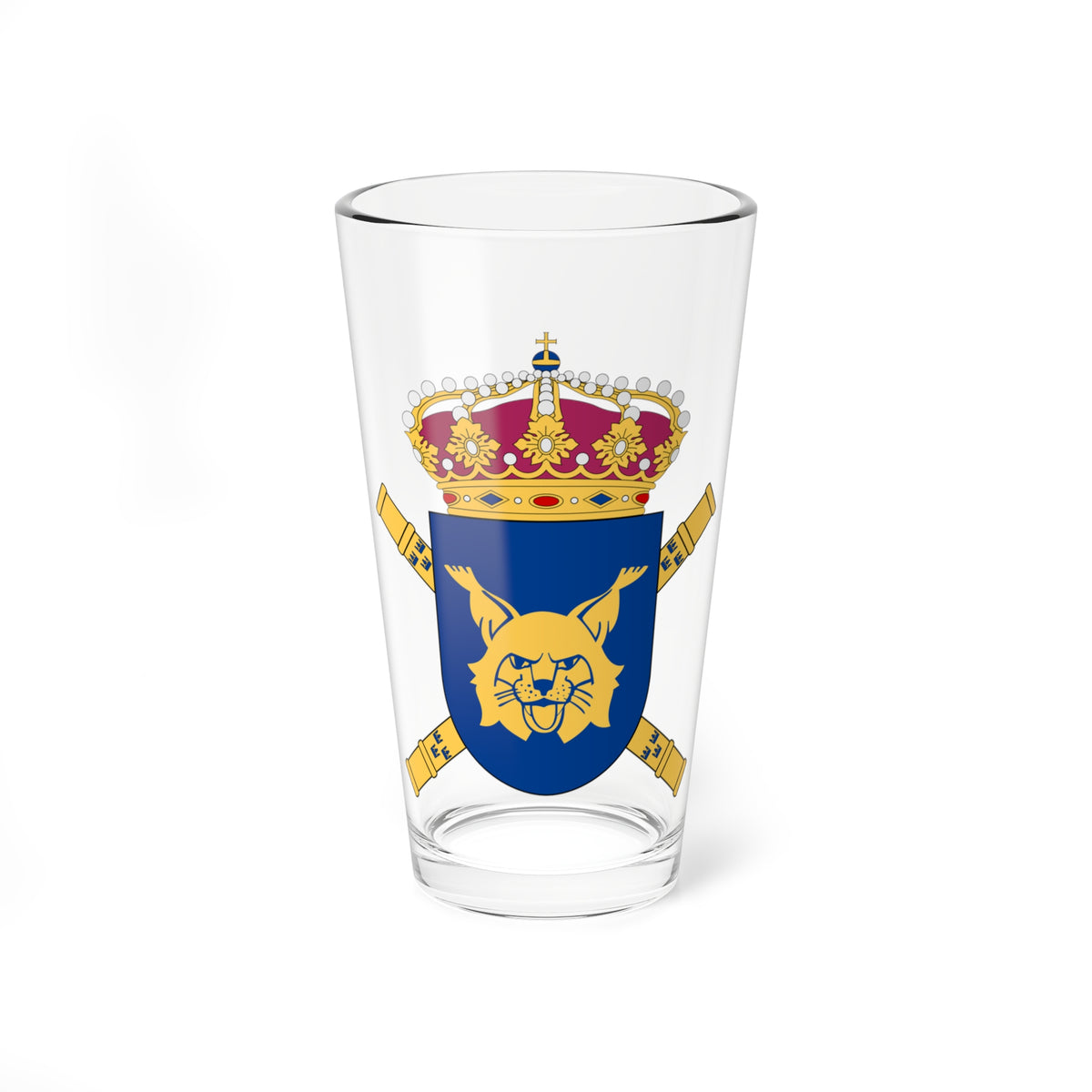 Gold lynx head on a blue heraldic shield, topped by a pearled crown and flanked by crossed gold cannons.