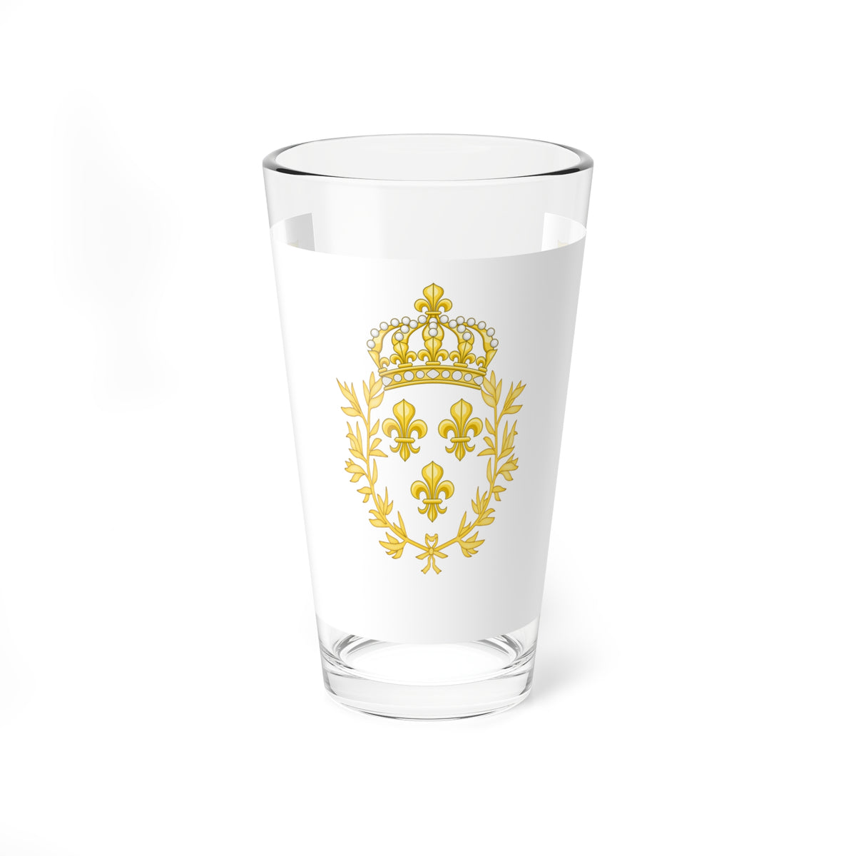 White field with a gold crowned shield of three fleurs-de-lis wrapped in laurel, and fleurs-de-lis in the corners.