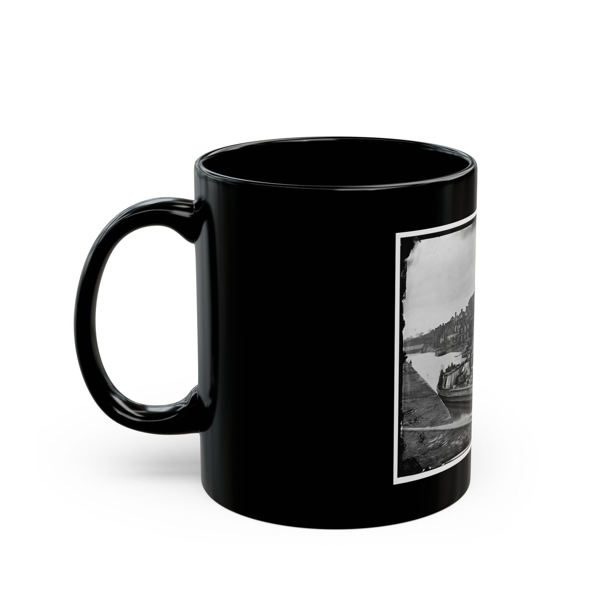 Richmond, Va. Barges With African Americans On The Canal; Ruined Buildings Beyond (U.S. Civil War) Black Coffee Mug