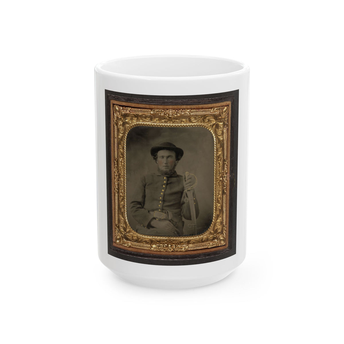 Unidentified Soldier In Union Uniform And Slouch Cap Sitting With Holstered Revolver And Cavalry Saber (U.S. Civil War) White Coffee Mug