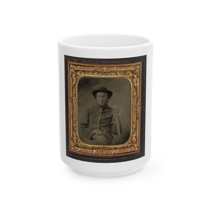Unidentified Soldier In Union Uniform And Slouch Cap Sitting With Holstered Revolver And Cavalry Saber (U.S. Civil War) White Coffee Mug