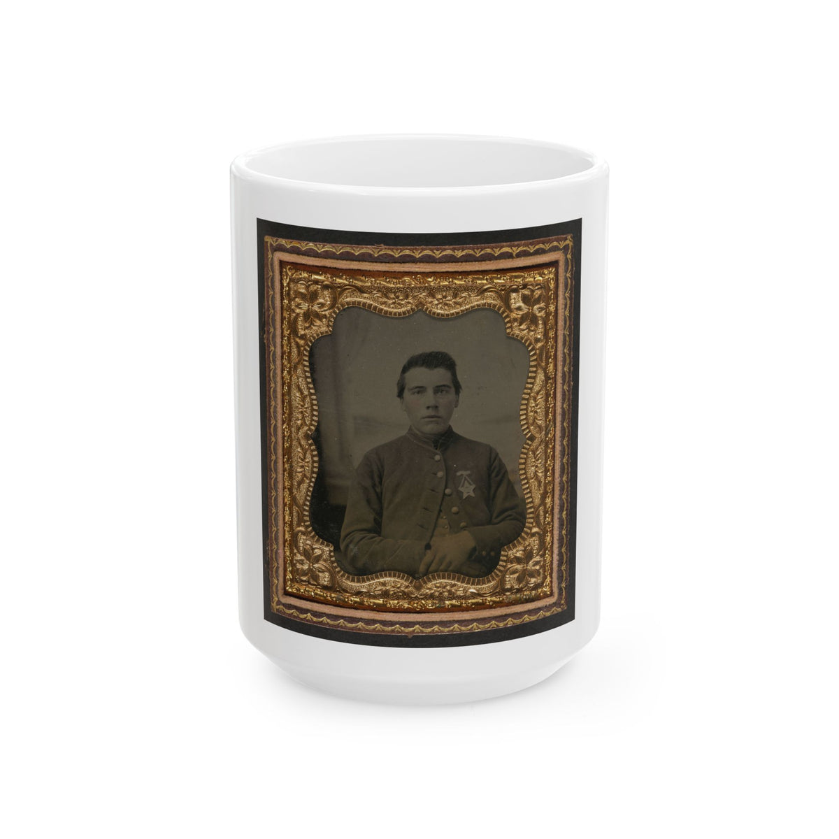 Unidentified Soldier In Union Uniform With 28th Pennsylvania Badge In Front Of Painted Backdrop Showing Window (U.S. Civil War) White Coffee Mug