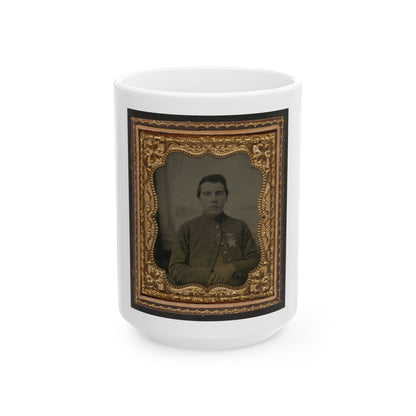 Unidentified Soldier In Union Uniform With 28th Pennsylvania Badge In Front Of Painted Backdrop Showing Window (U.S. Civil War) White Coffee Mug