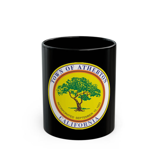 Yellow circular seal with a green oak tree and the words Town of Atherton, California around the rim.