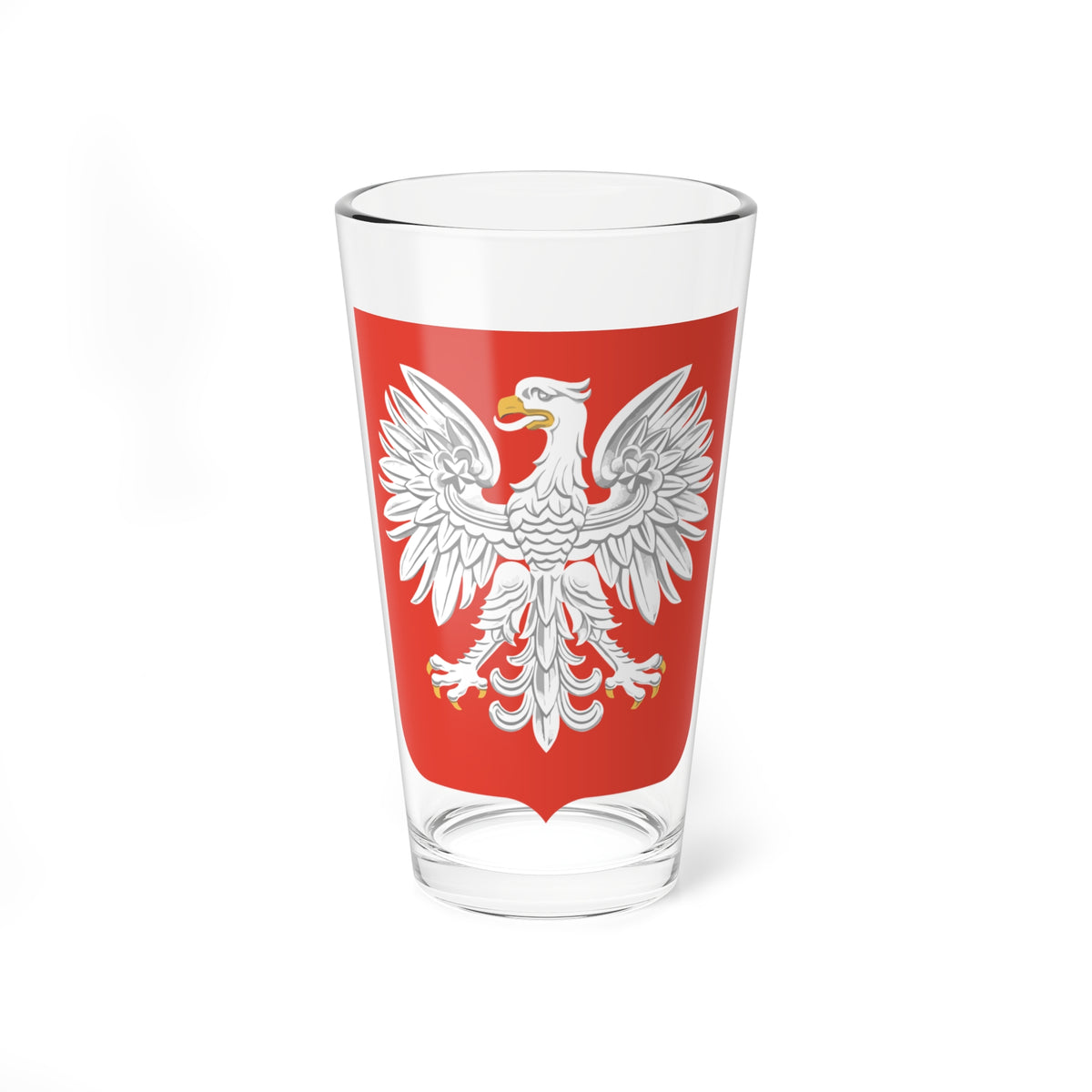 White heraldic eagle with spread wings and gold beak and talons on a red shield-shaped background.